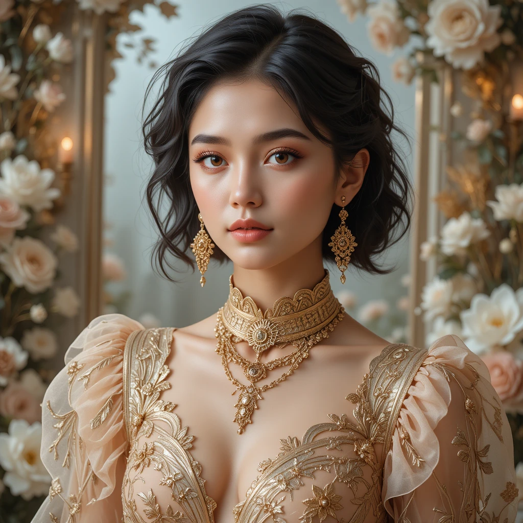 Elegant fantasy portrait of a young woman in gold embroidery