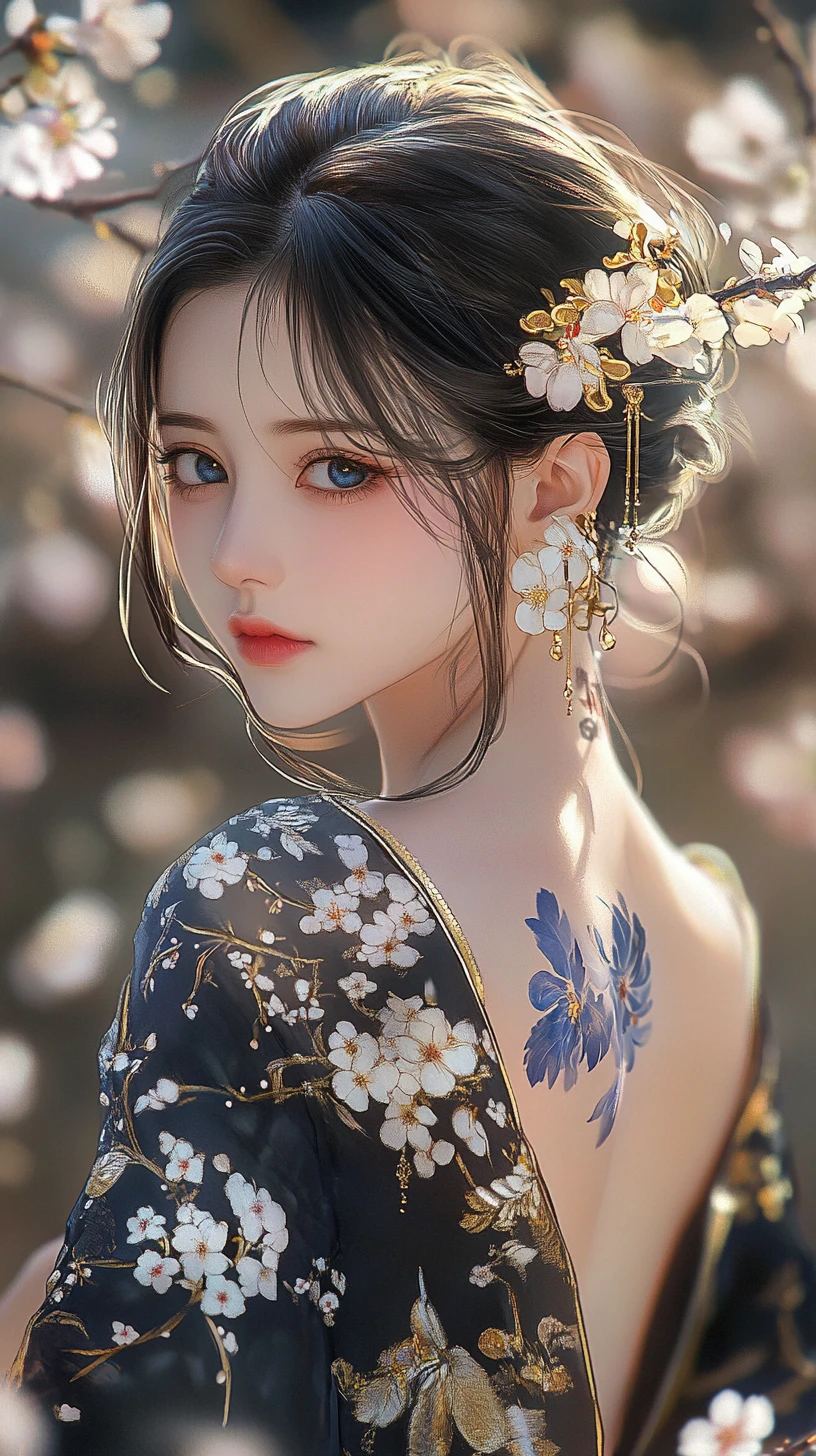 Blue eyed anime woman in cherry blossom garden