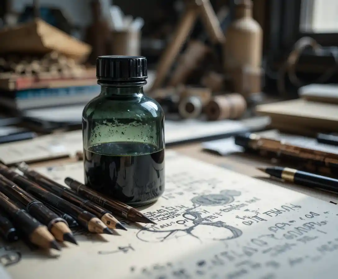 Empty ink bottle and dried pens on a cluttered desk