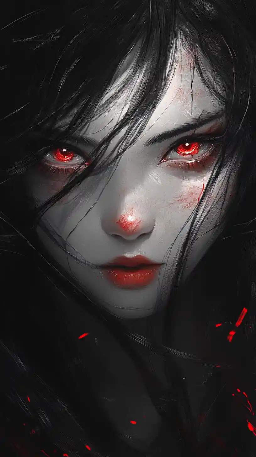Anime girl portrait with crimson eyes and war paint