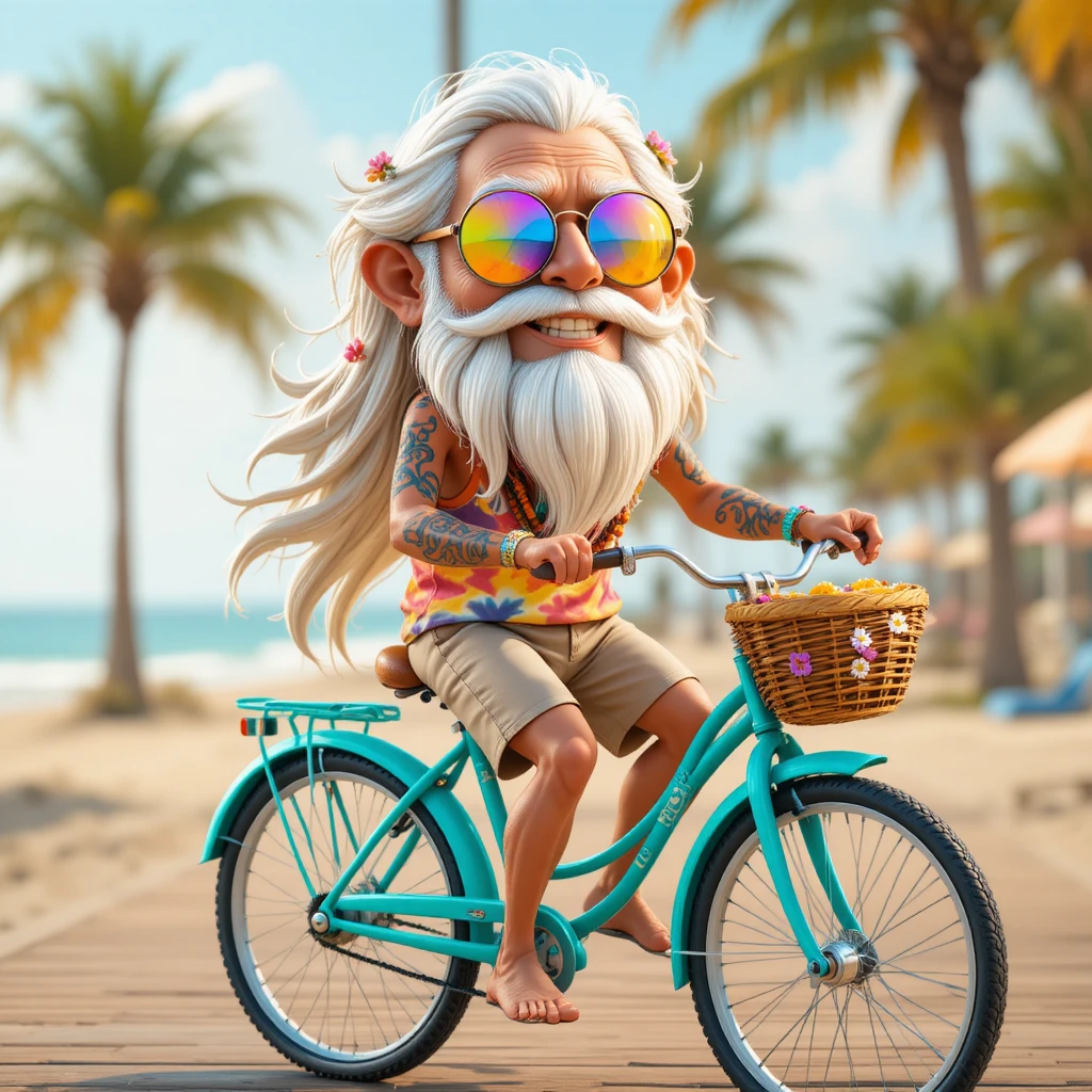 Cartoon hippie grandpa riding a beach cruiser bicycle