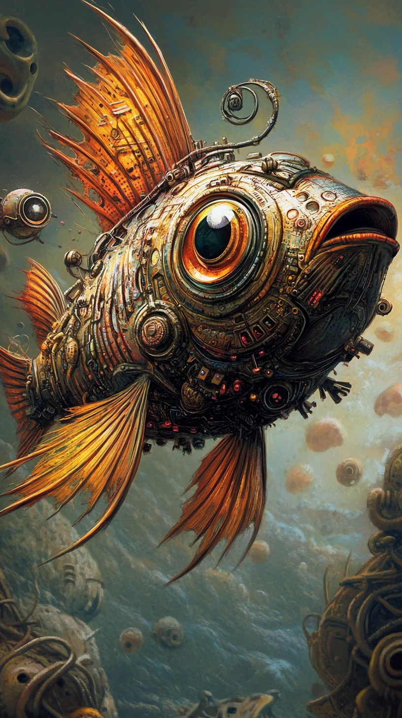 Pez cibernético distópico que emerge de un horizonte surrealista