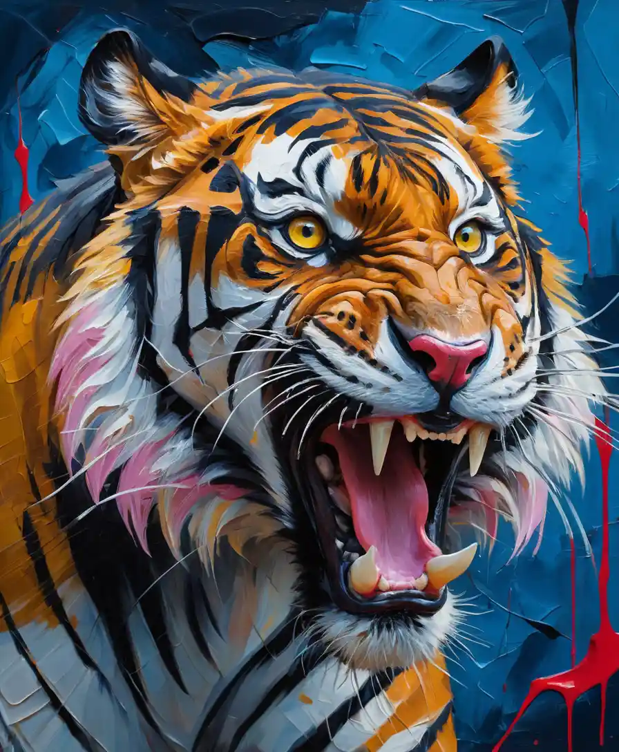Tigre negro feroz avançando contra um vívido fundo azul abstrato