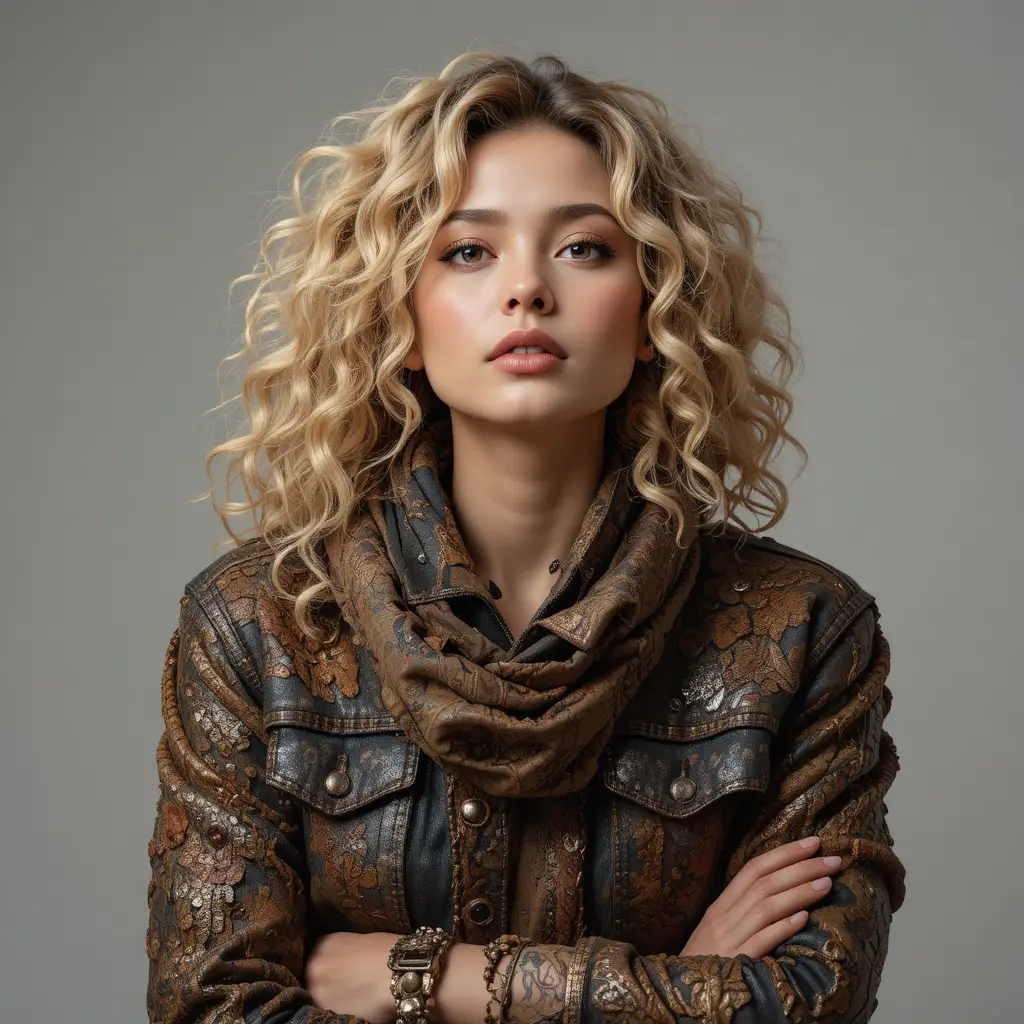 Cozy studio portrait of a woman in layered bohemian jacket