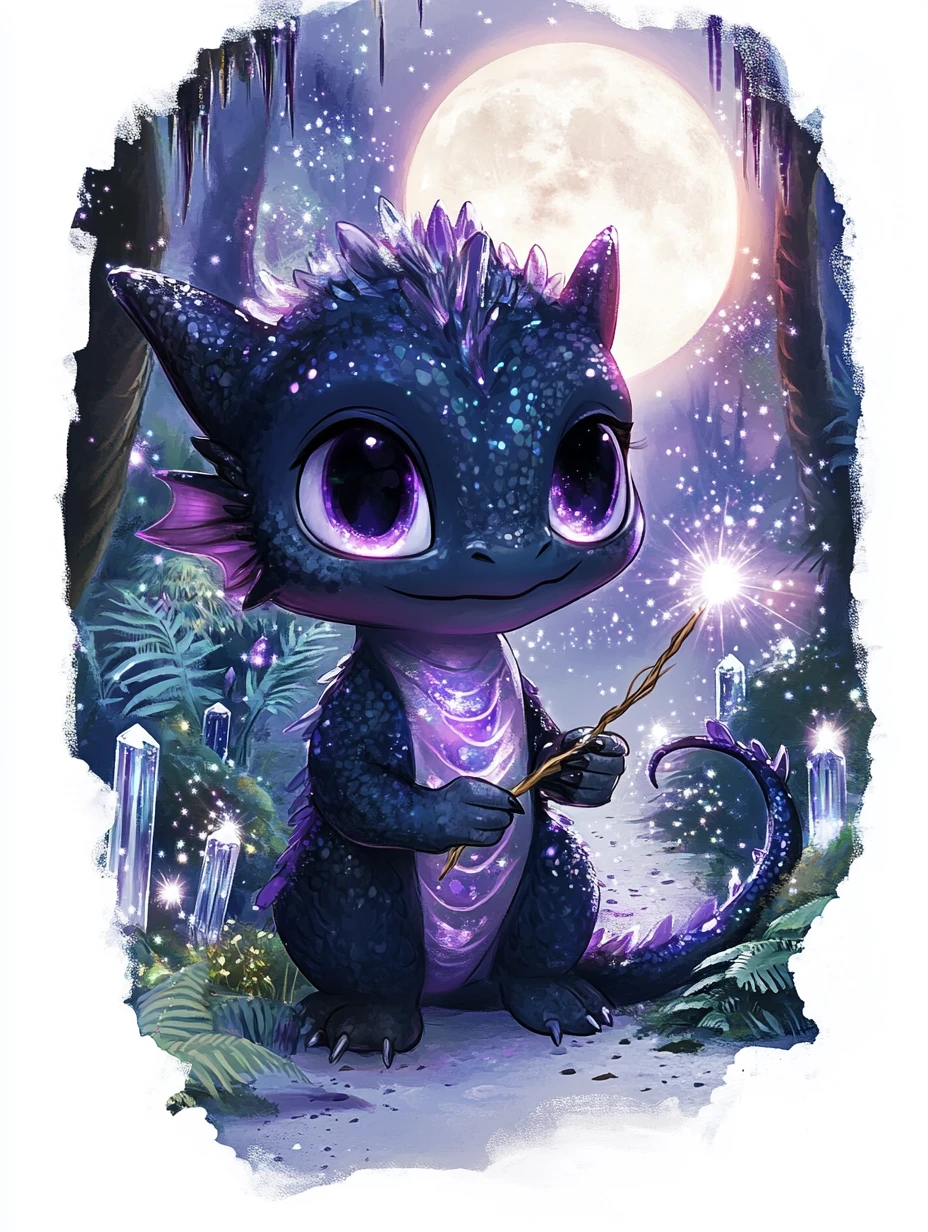 Cute chibi baby dragon wizard in a magical forest