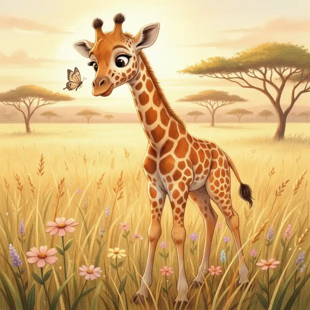 Cucciolo di giraffa che osserva una farfalla nella luce dorata della savana