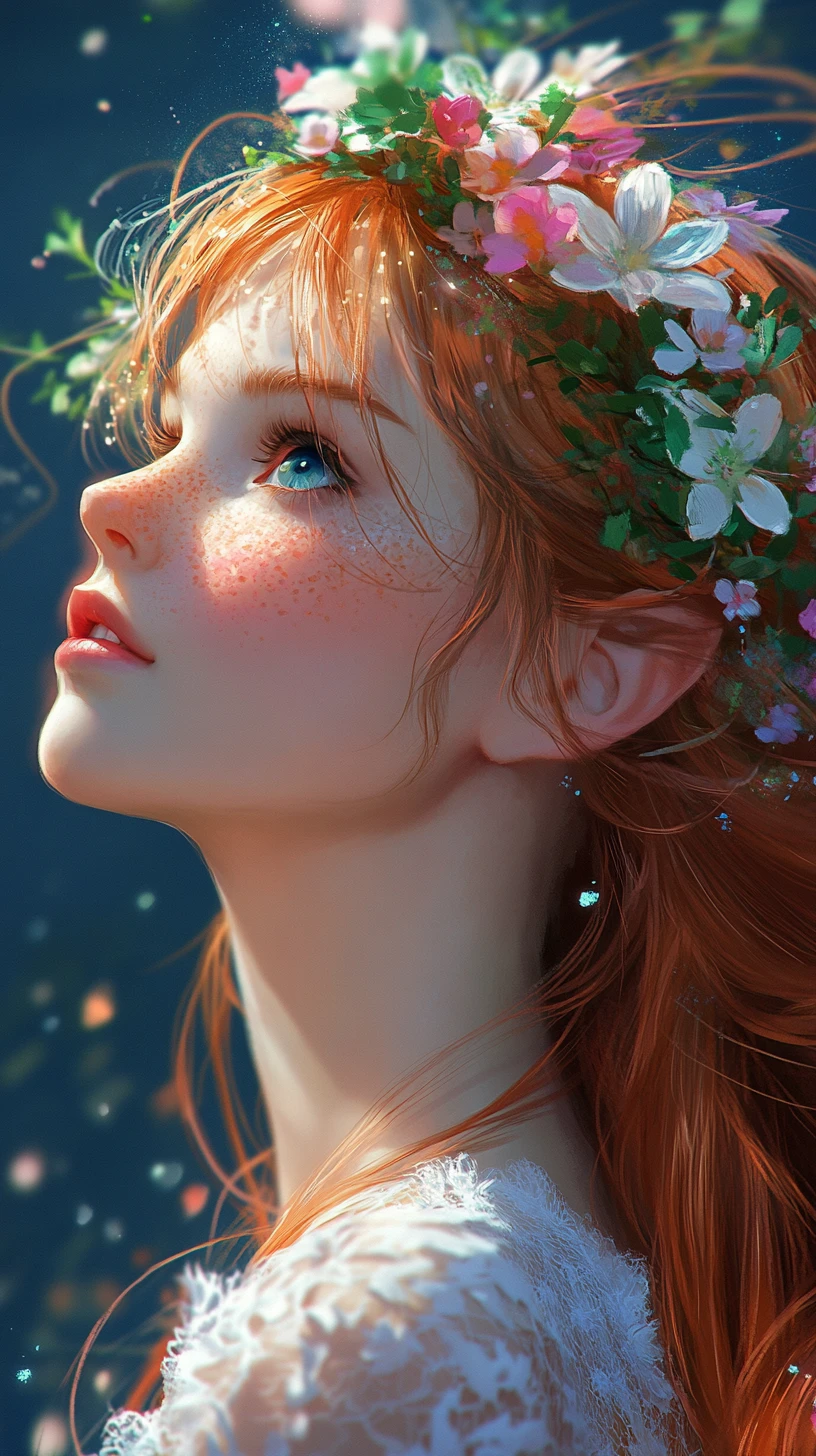 Anime girl with floral crown under a starry blue sky