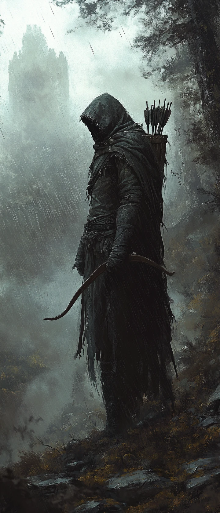 Lone archer at the edge of a rain soaked ancient forest