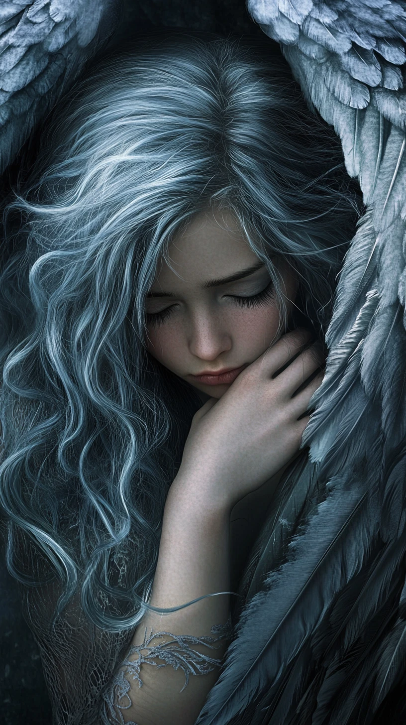 Melancholic Angel With Icy Blue Hair In Soft Blue Tones