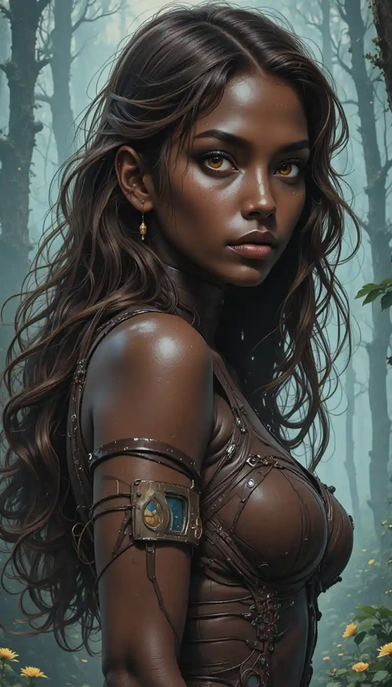 Haunting sci fi portrait of a woman in misty forest