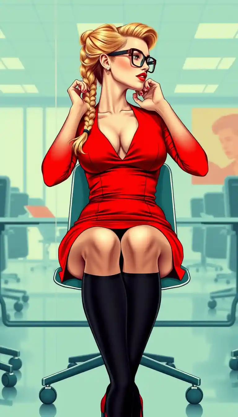 Chica de oficina rubia con vestido rojo y gafas posando con confianza