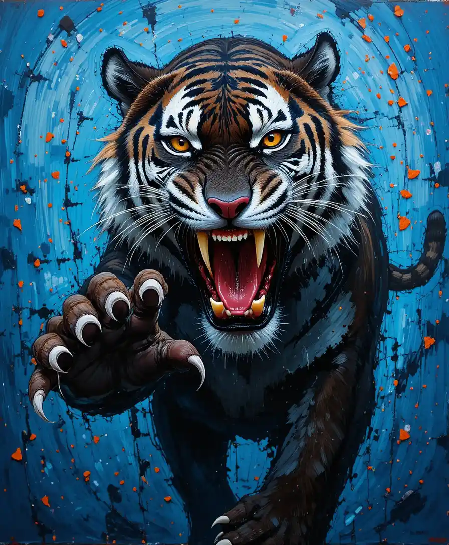 Ferocious black tiger lunging in vivid impasto painting