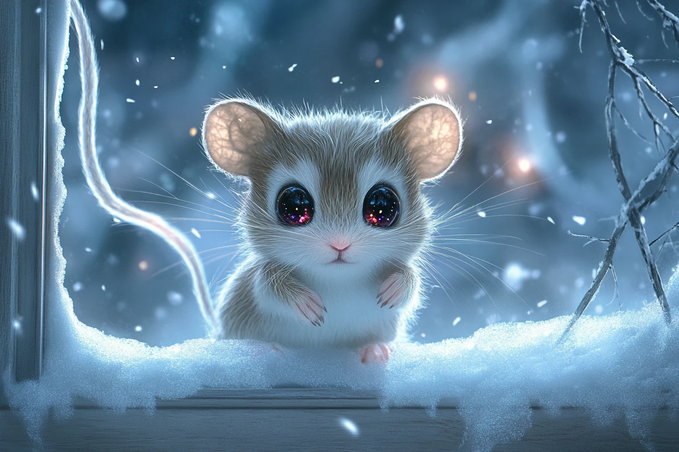 Cerbiatto chibi surreale che salta verso una finestra ghiacciata