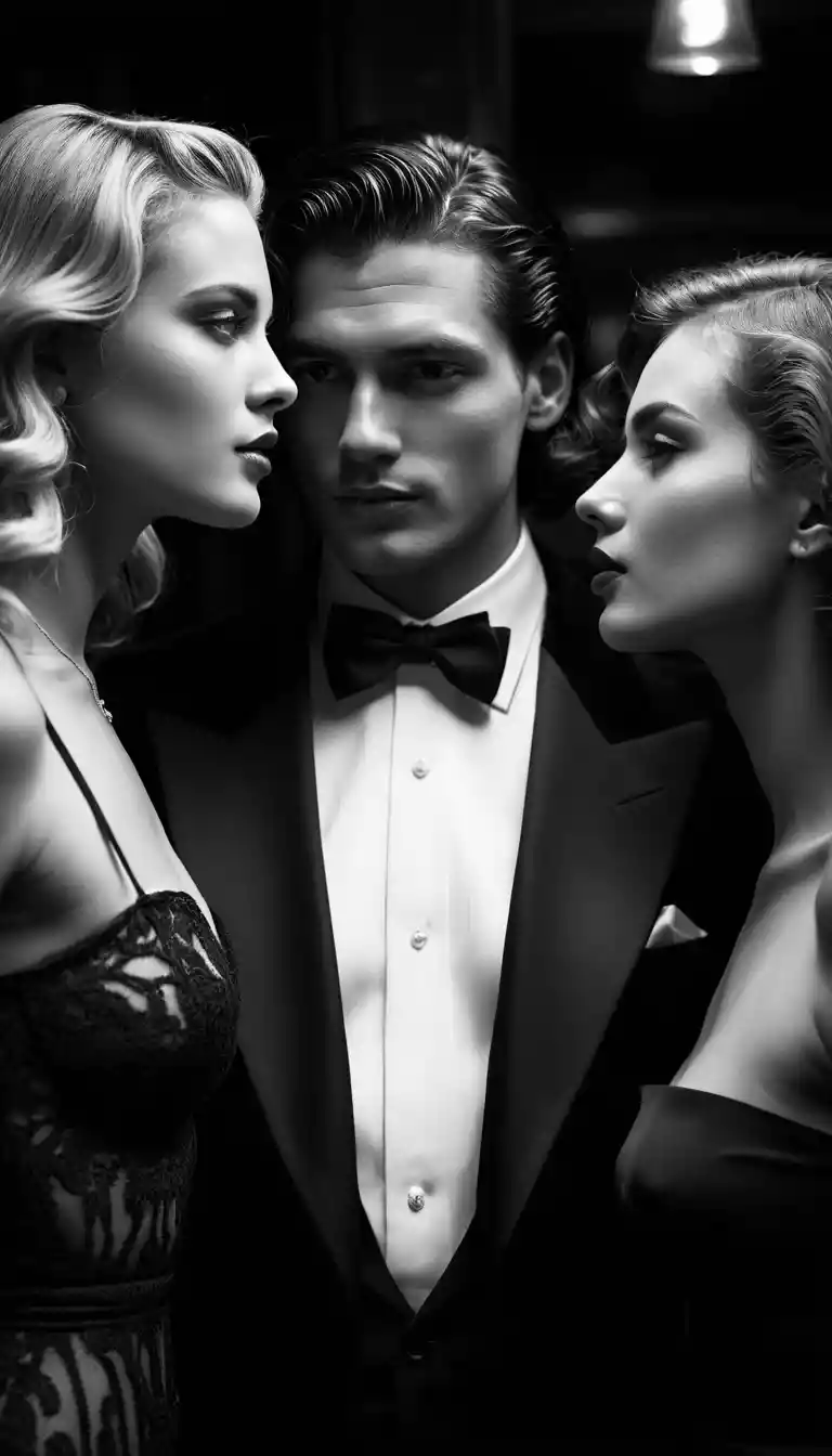Elegant club portrait of man kissing two models