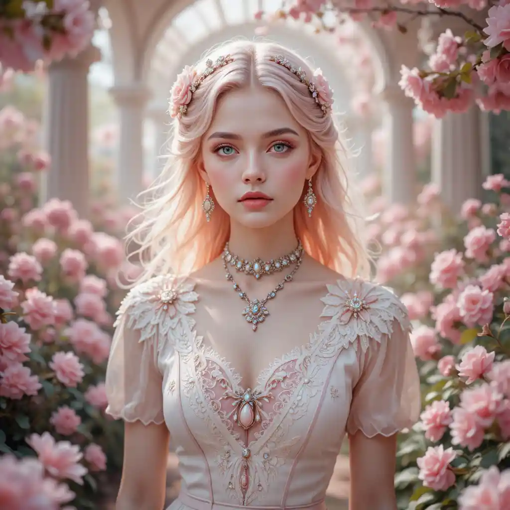 Young woman with pink hair in a dreamy flower garden