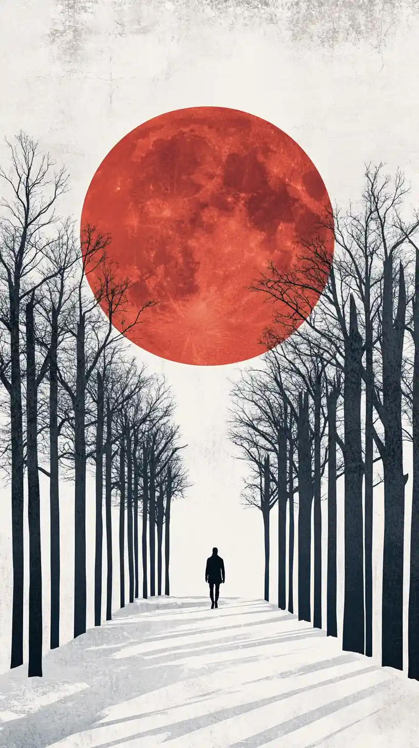 Figura solitaria en un sendero nevado caminando hacia un sol rojo gigante