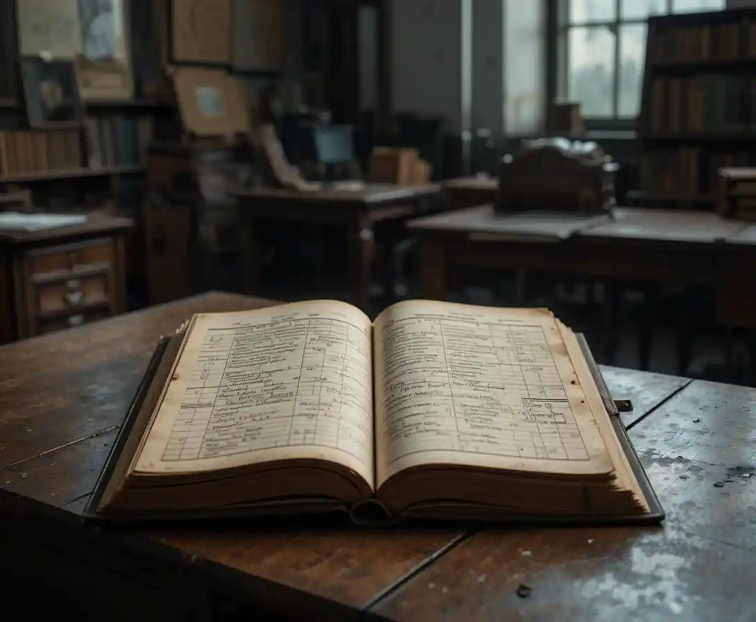 Old ledger book open on a bare table in dim light