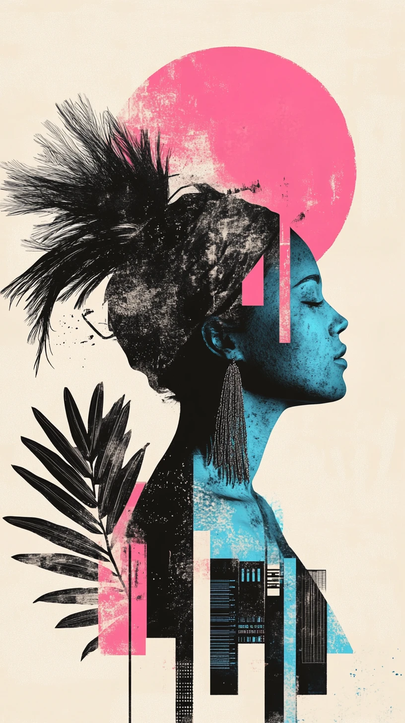 Stylized tattooed woman in neon graphic collage portrait