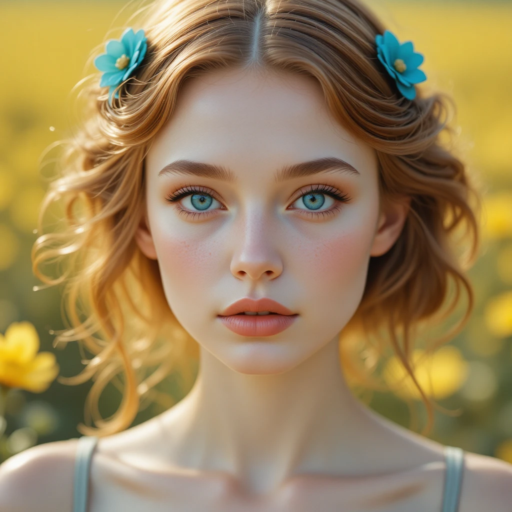 Young woman portrait in soft yellow flower field