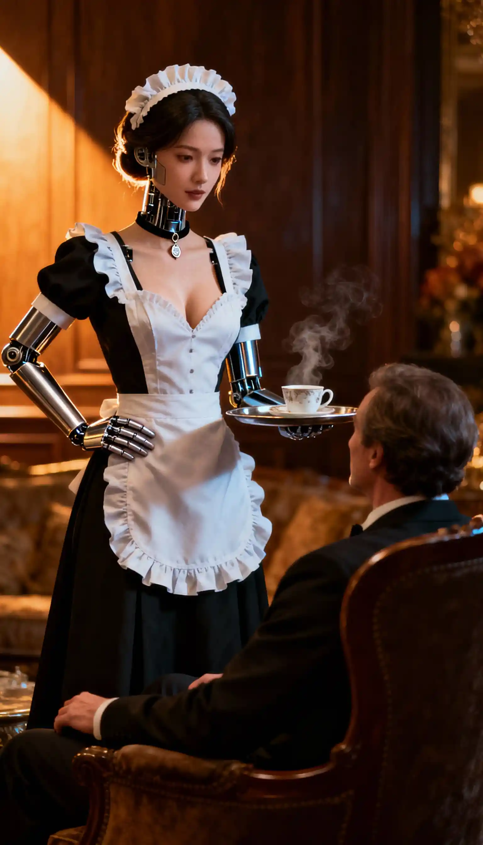 Humanoid maid robot serving tea in an opulent salon