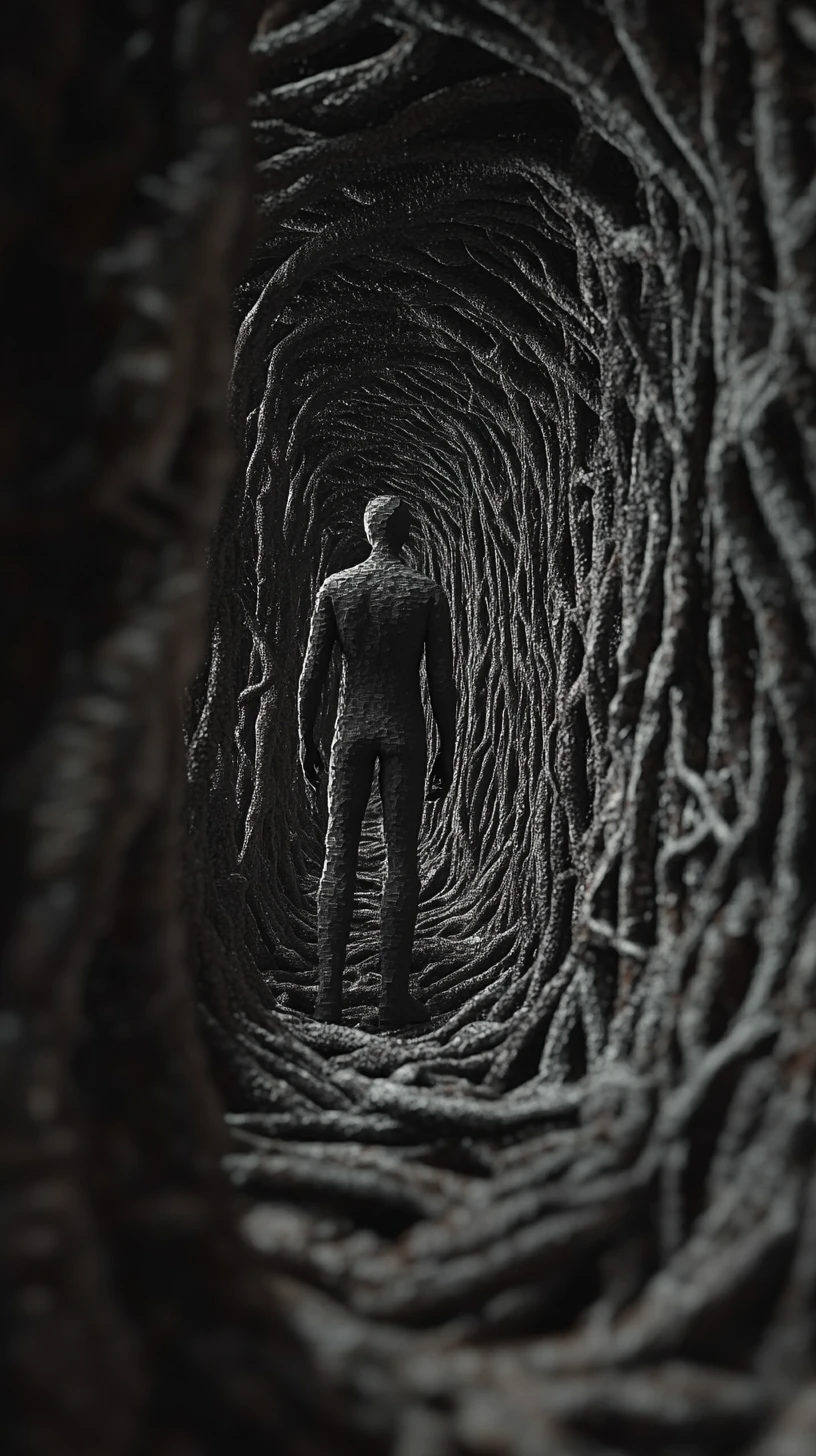 Figura alargada surreal que emerge de un reino de espejos retorcidos