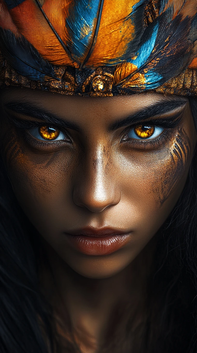 Mystical Egyptian woman with glowing golden eyes portrait