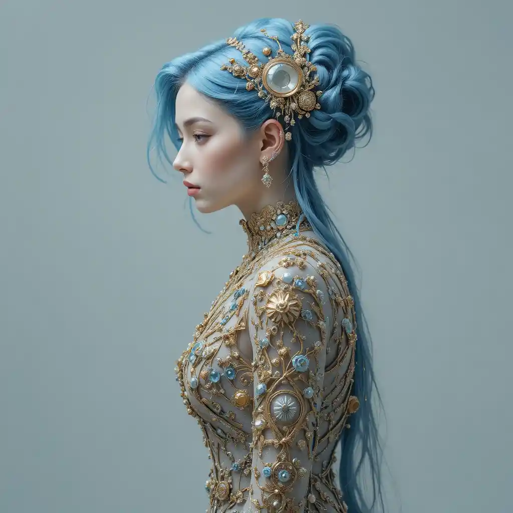 Elegante donna dai capelli blu in sontuoso abito gioiello di profilo