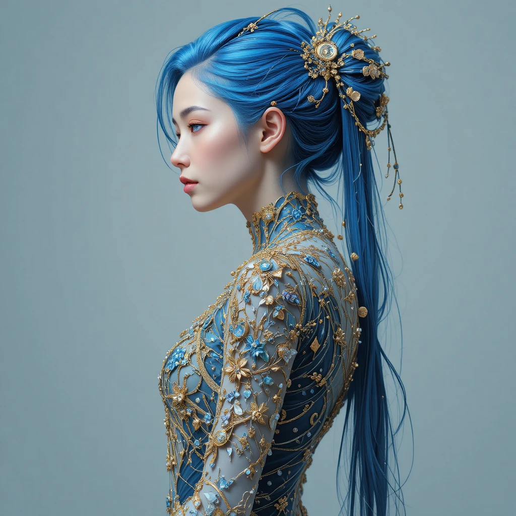Elegant profile of a jeweled woman with blue hair