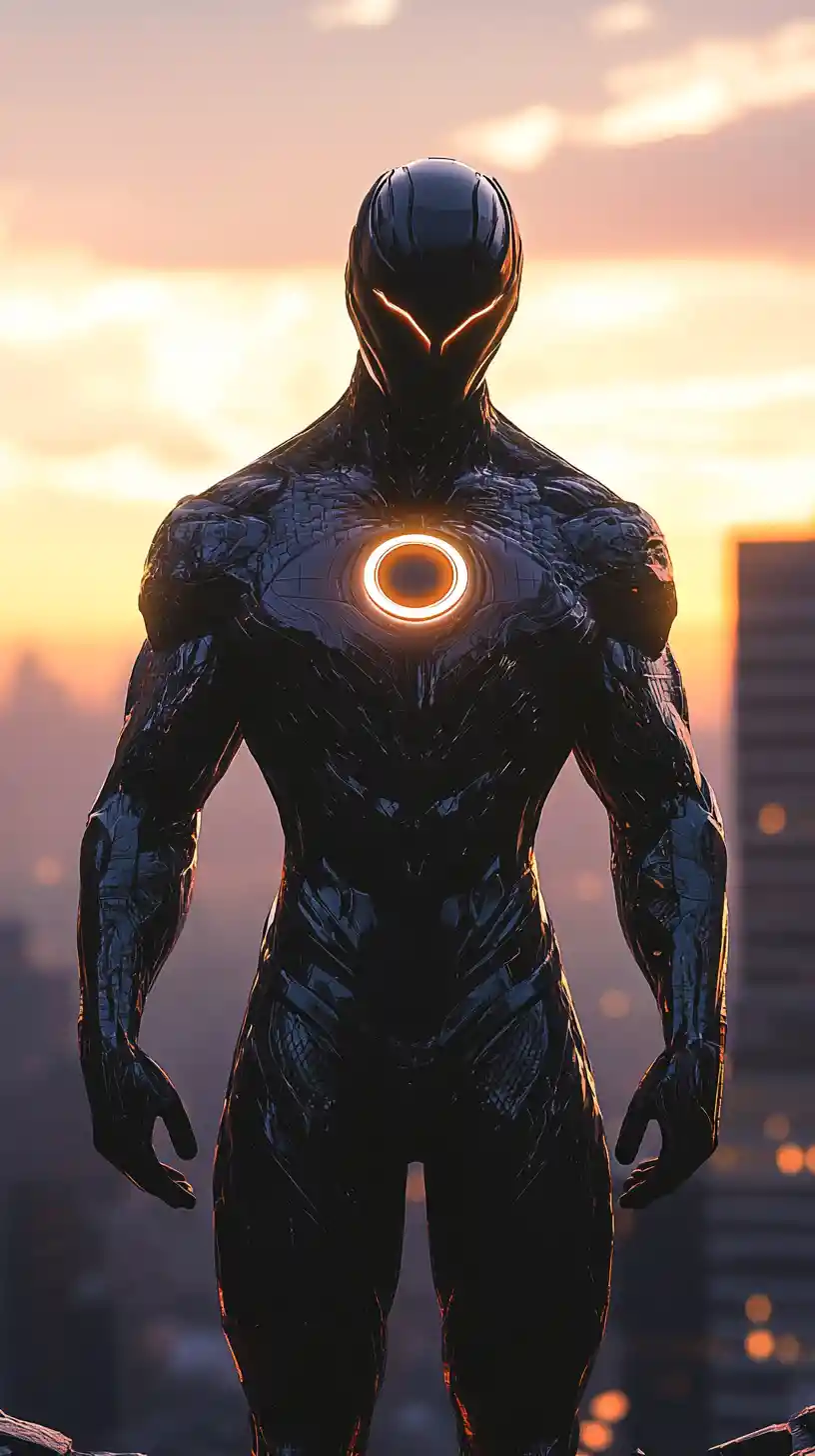 Futuristic superhero in metallic suit over glowing city skyline