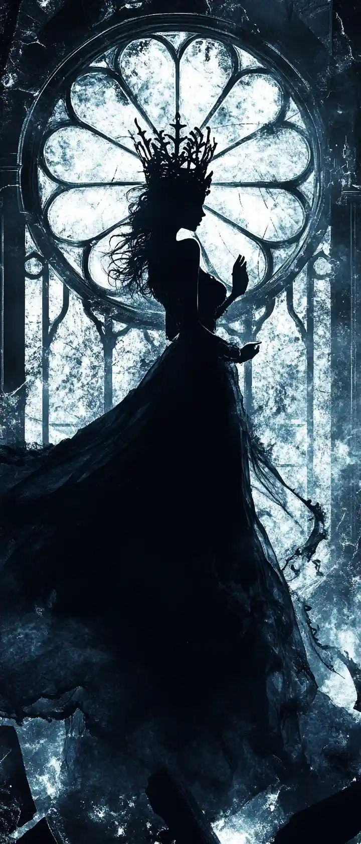 Reina fantasmal en salón de baile en ruinas a la luz de la luna con corona de hierro