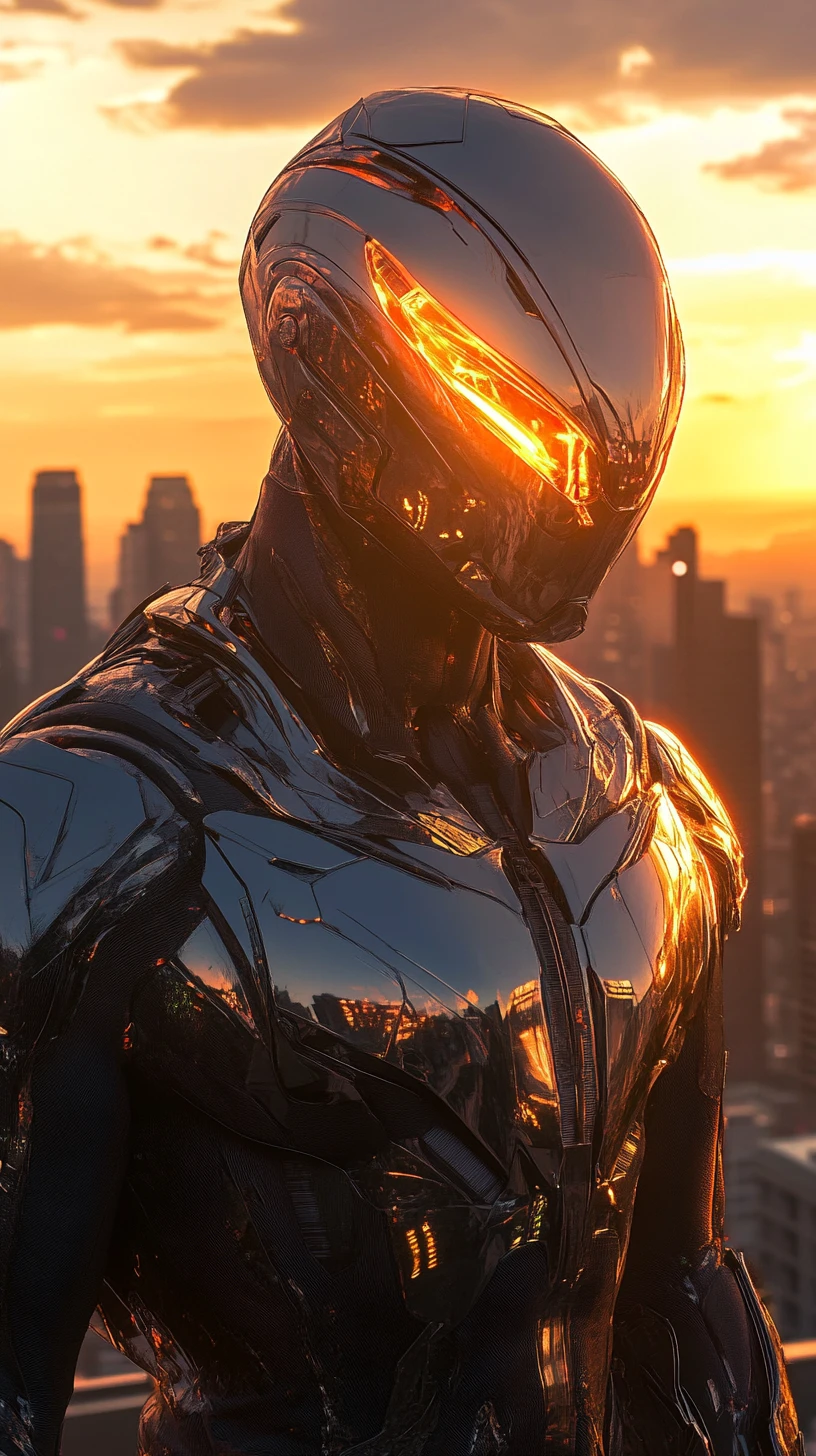 Futuristischer Superheld im Metallanzug über leuchtender Stadtlandschaft
