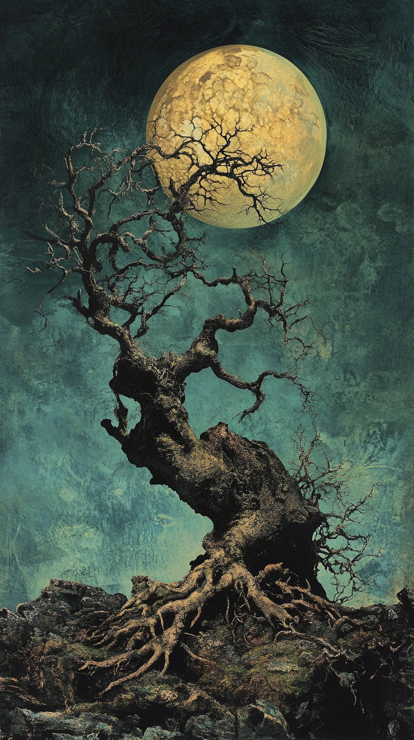 Collage surrealista de formas biomórficas en un bosque iluminado por la luna