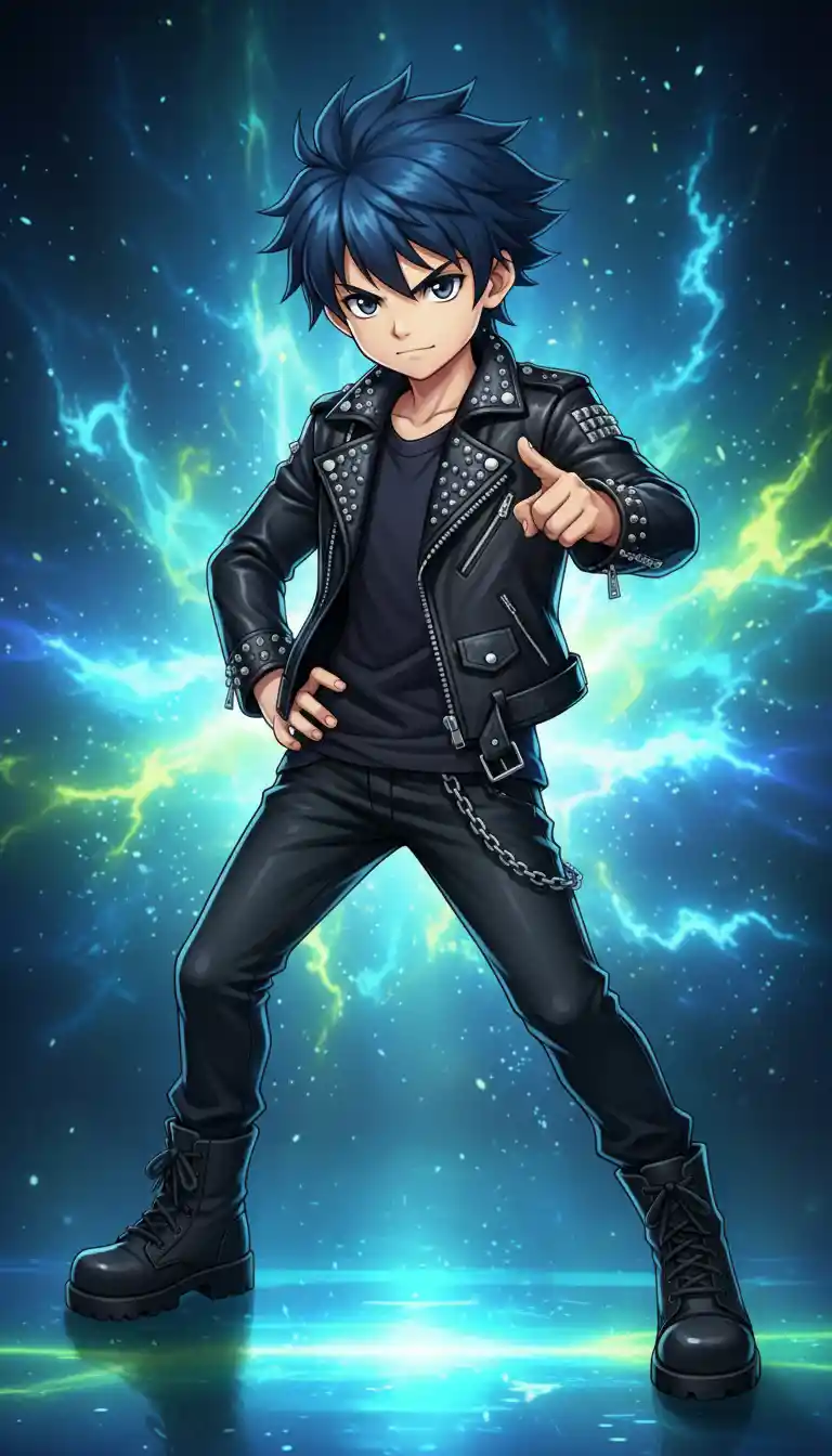 Chico de anime seguro de sí mismo con chaqueta de cuero negra posando con valentía