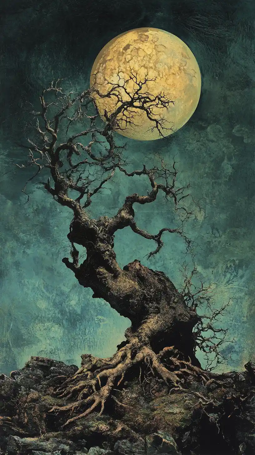 Collage surréaliste de formes biomorphiques dans une forêt au clair de lune