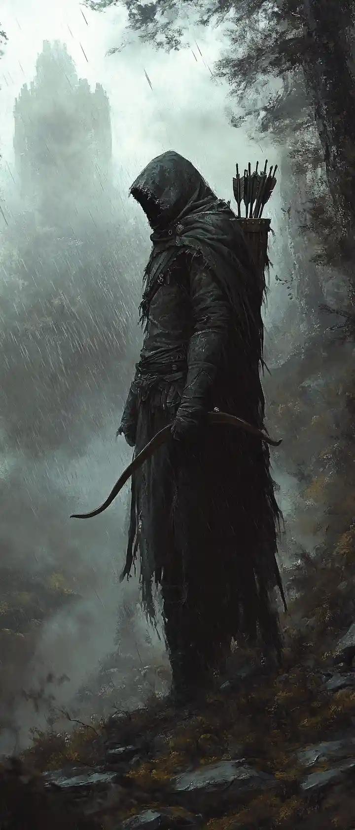 Lone archer at the edge of a rain soaked ancient forest