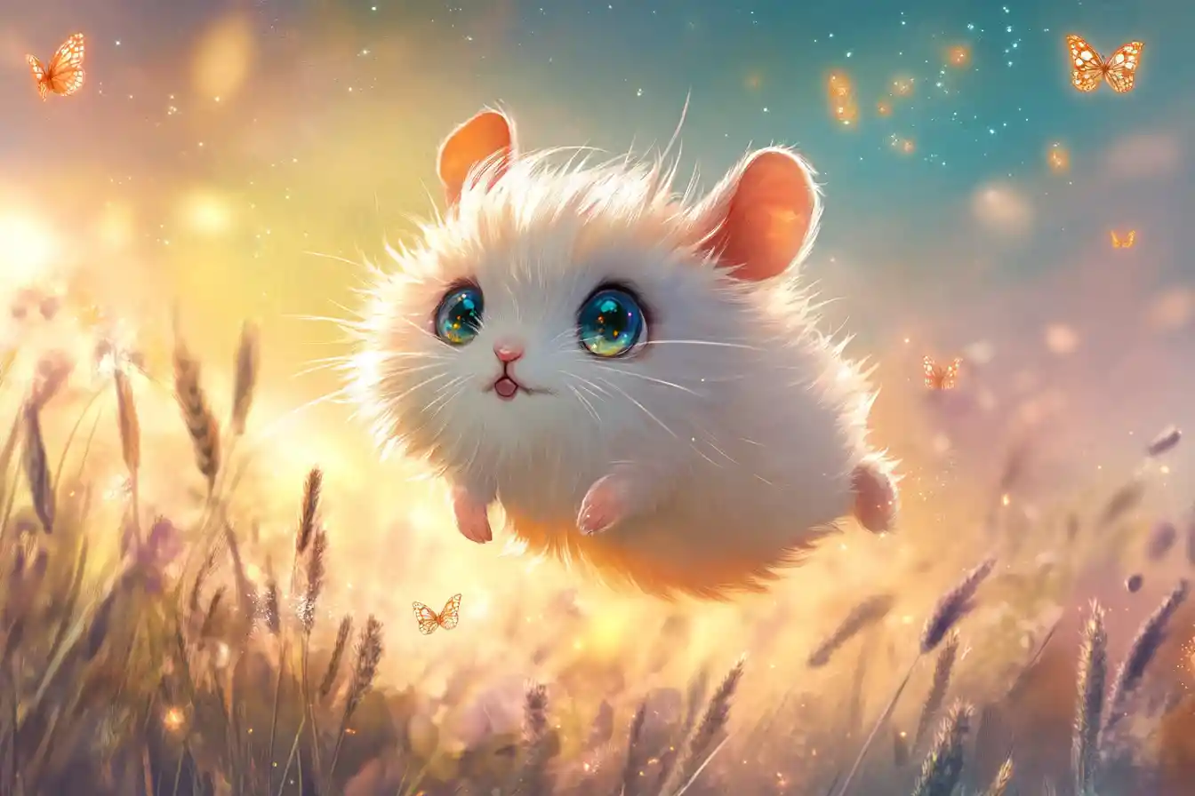 Cute fantasy mouse leaping through glowing dream meadow