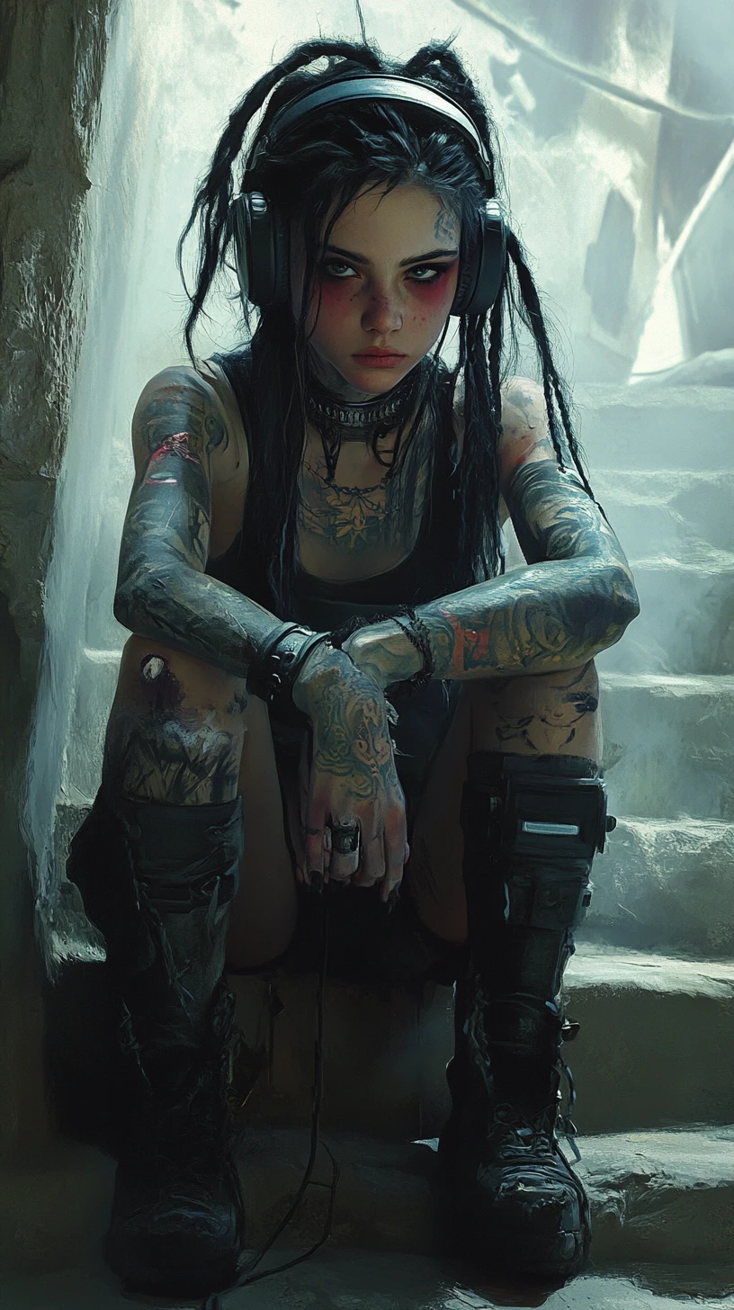 Tattooed girl with dreadlocks on foggy stone steps