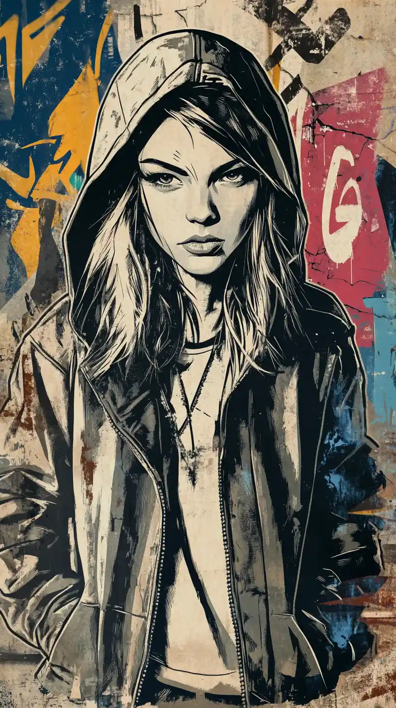 Determined young woman in front of bold graffiti wall
