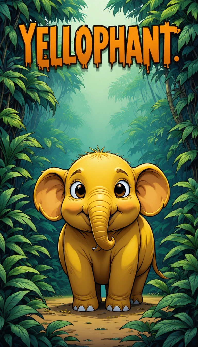 Dolce elefante giallo a cartone animato in una giungla verde e rigogliosa