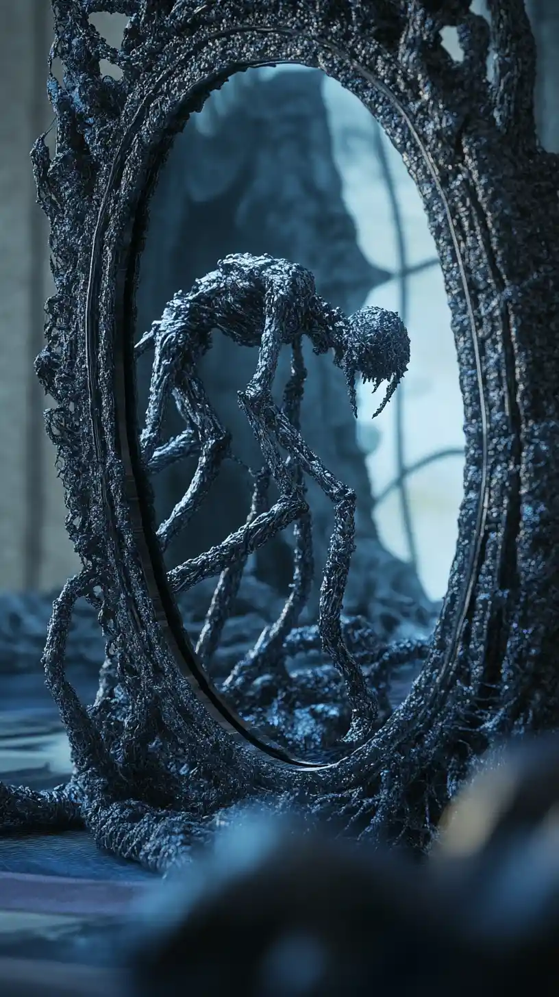 Surreal elongated figure bending through a mirrored realm
