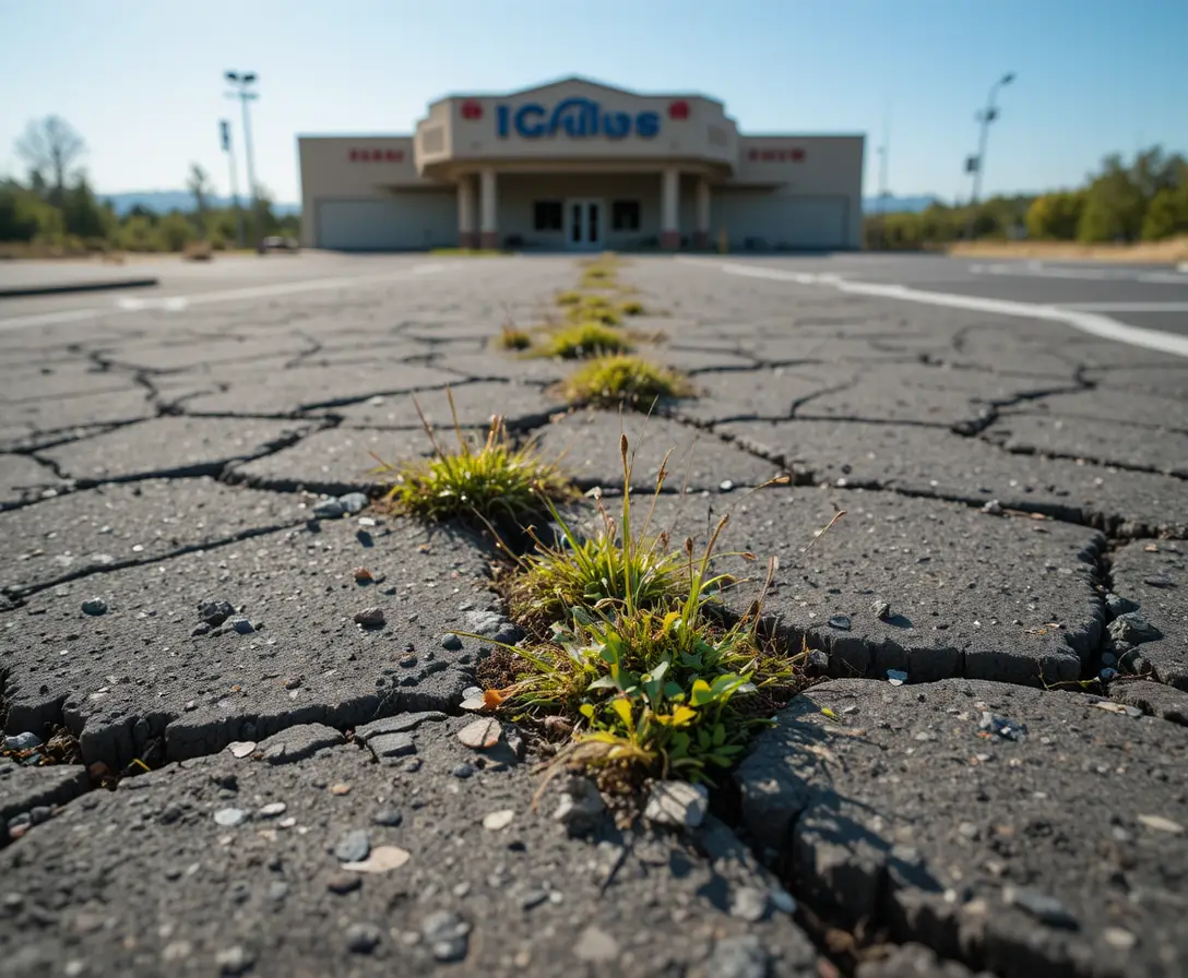 Cracked urban pavement with weeds reclaiming an empty lot
