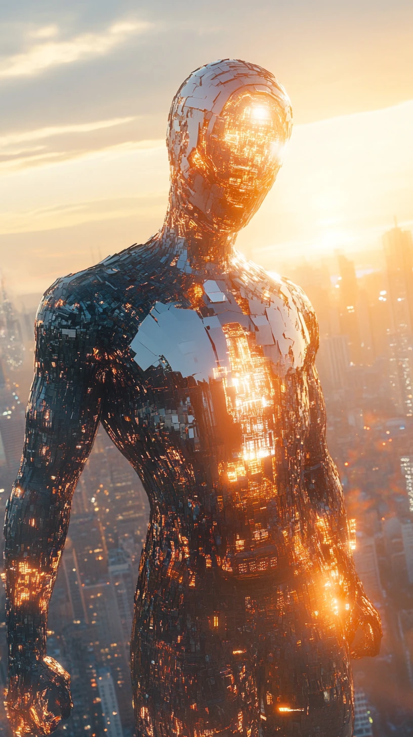 Futuristischer Superheld im Metallsuit über leuchtender Sonnenuntergangsstadt