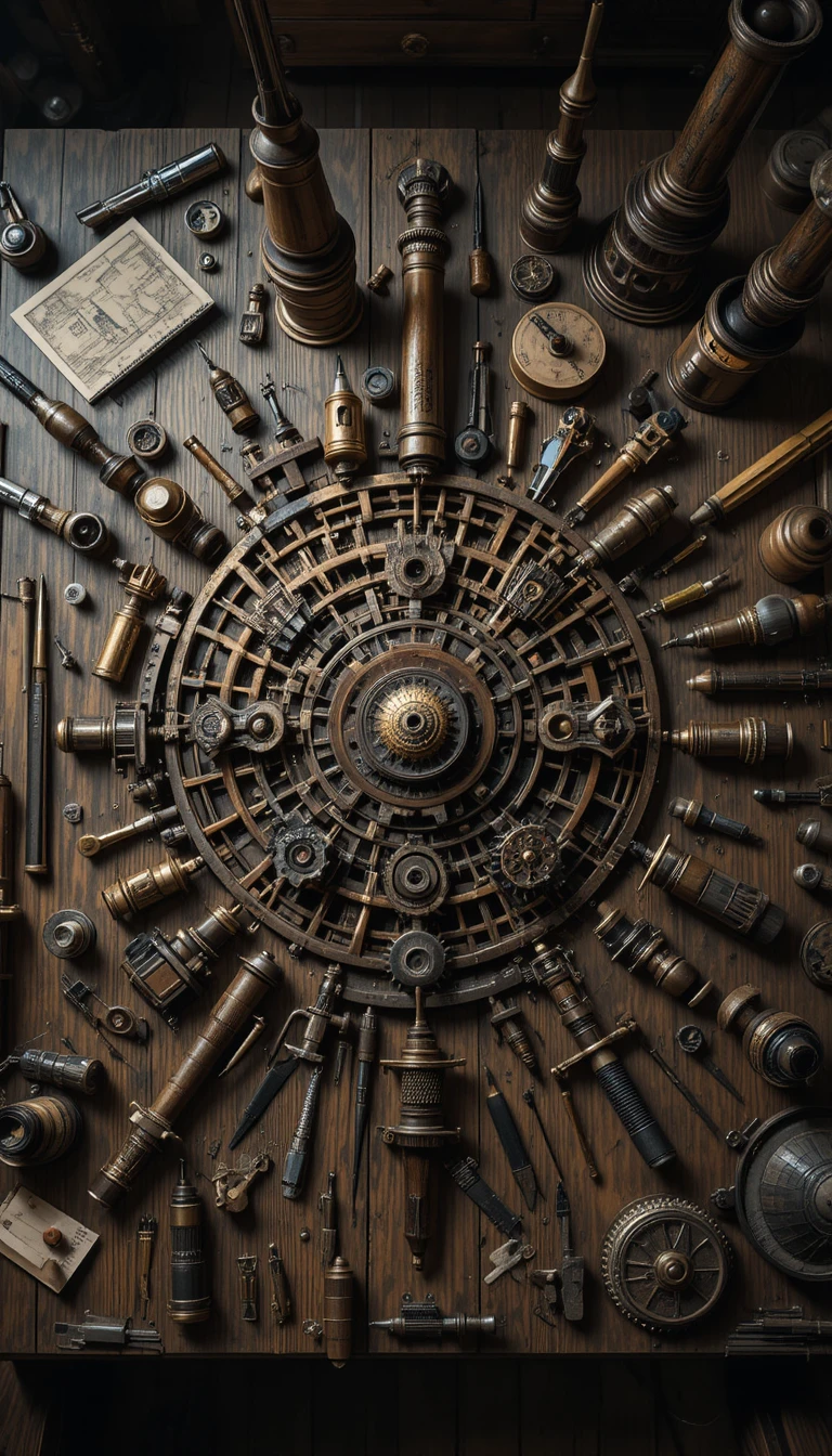Aerial view of antique scientific instruments on workbench