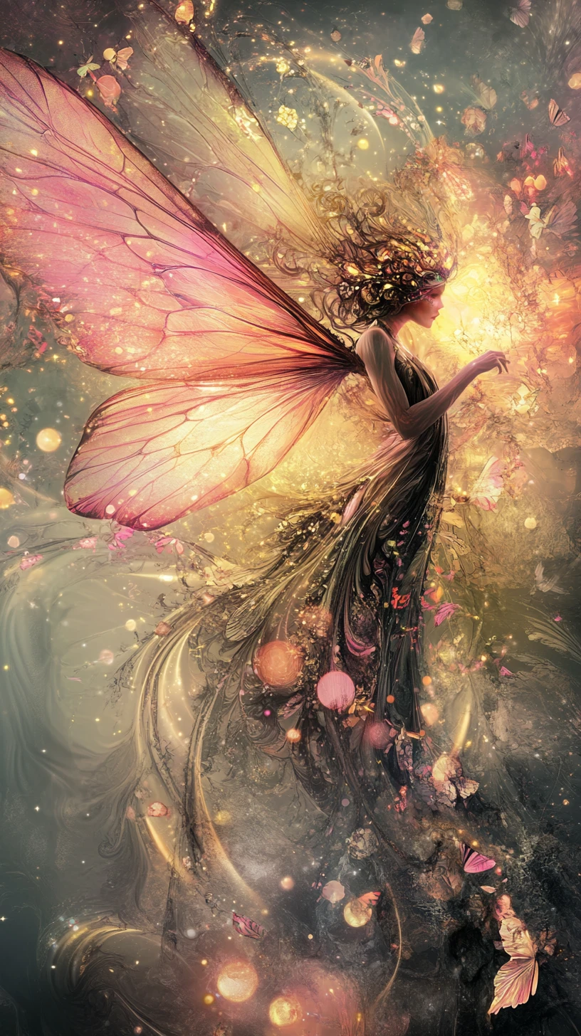 Whimsical fairy with glowing wings in surreal warm colors