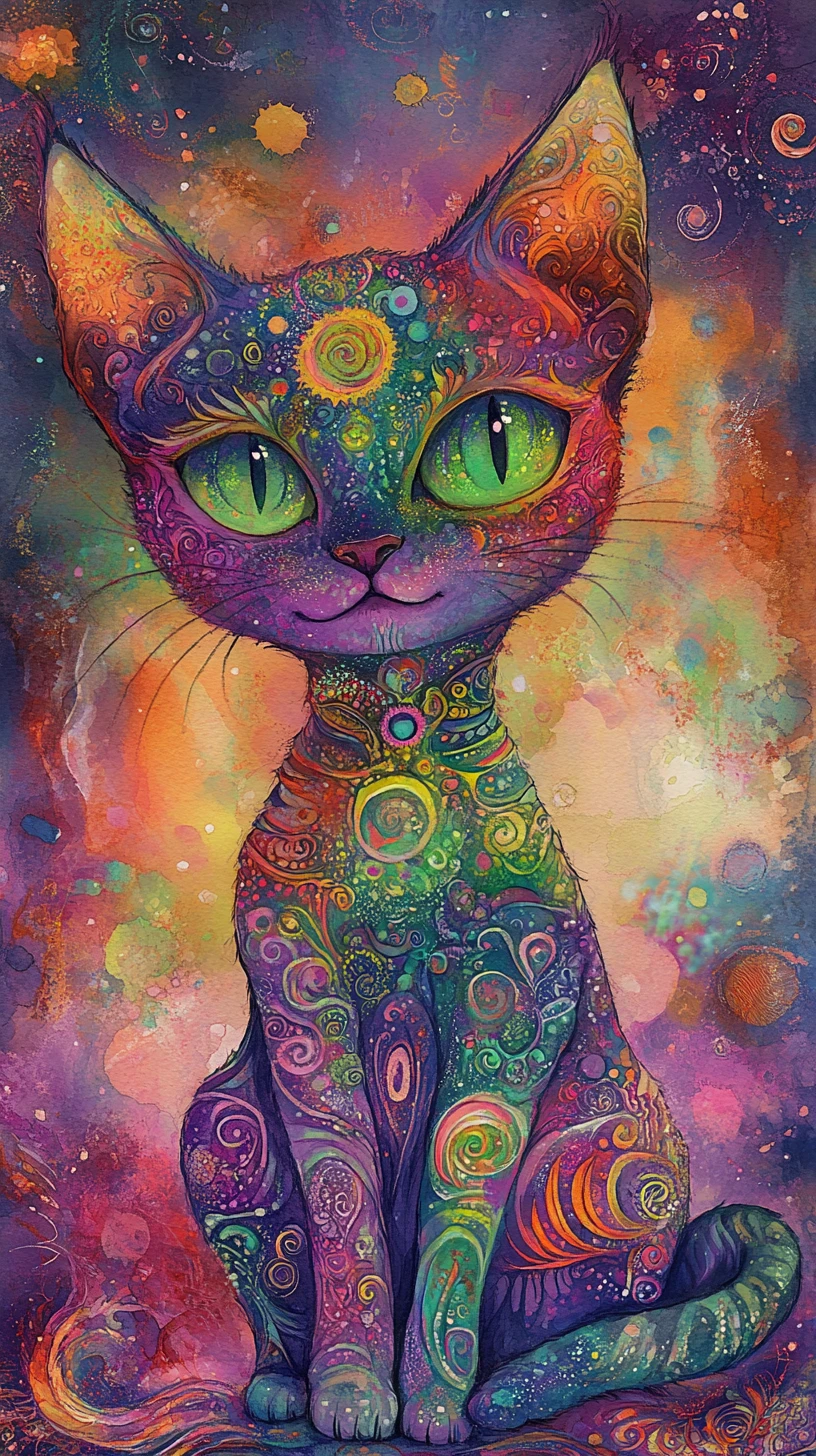 Retrato de Gato Alienígena Fantasioso con Pelaje Radiante y Colorido