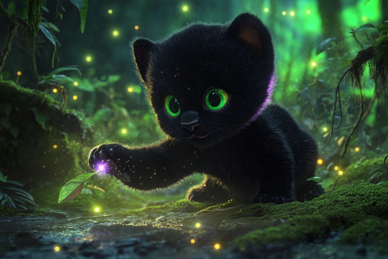 Mystisches schwarzes Pantherbaby, das sanft im Dämmerlicht des Regenwaldes leuchtet