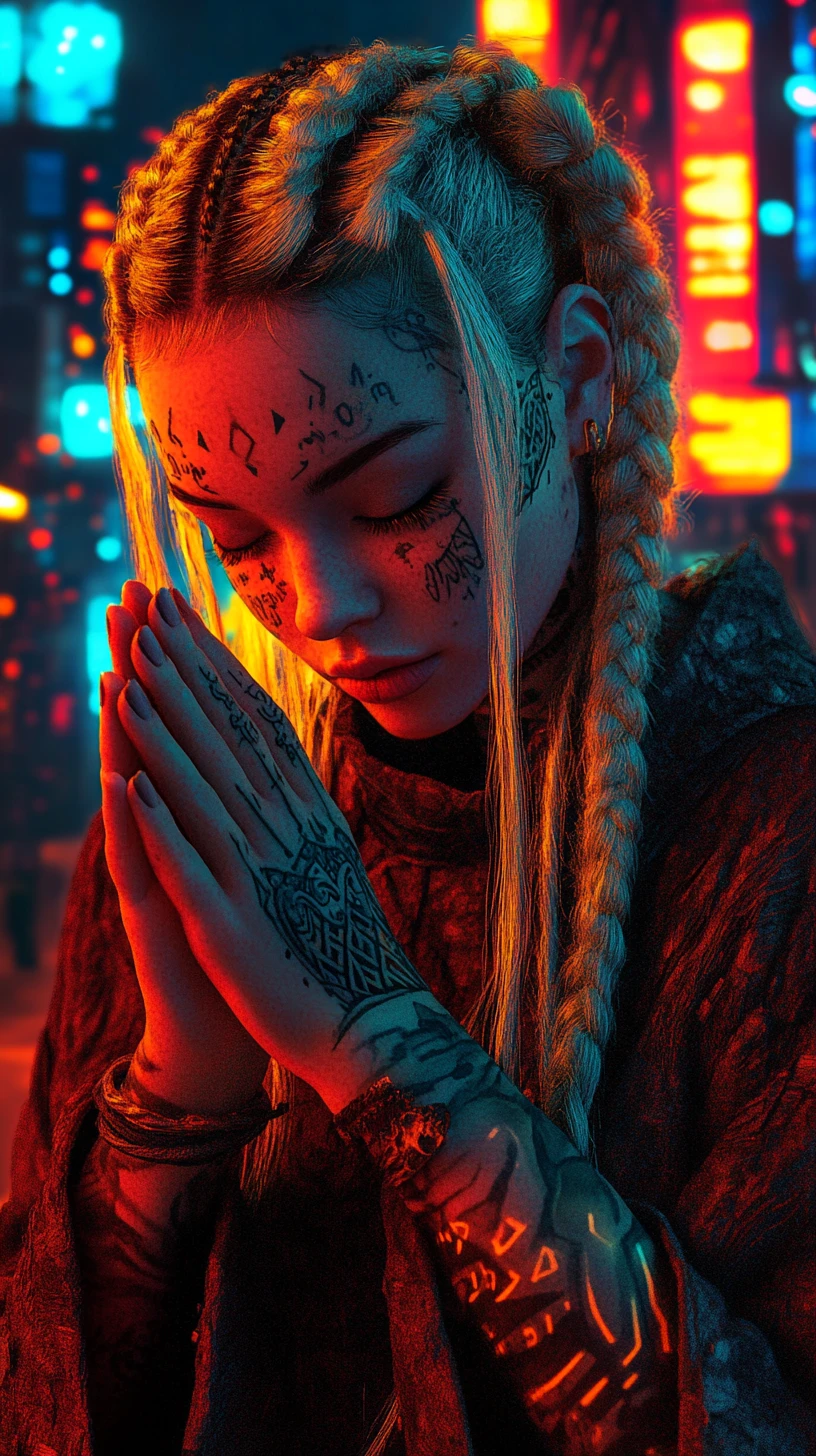 Donna tatuata che prega in una città cyberpunk oscura
