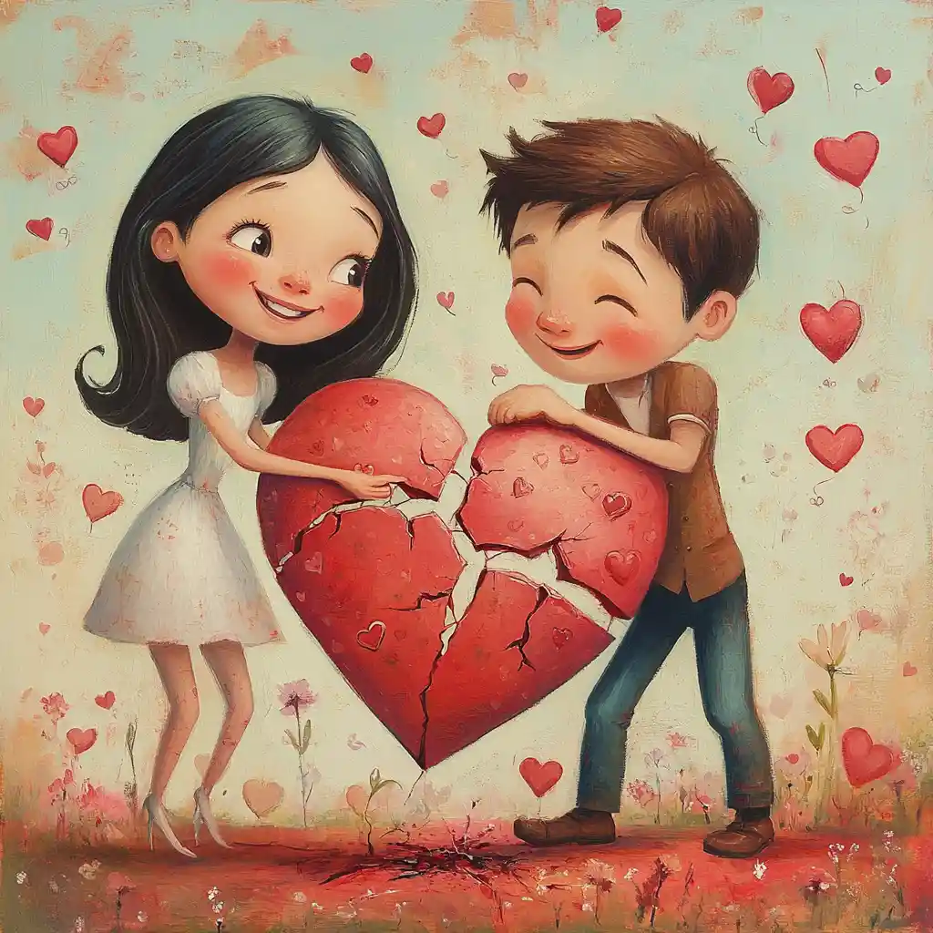 Young couple mending a broken red heart together