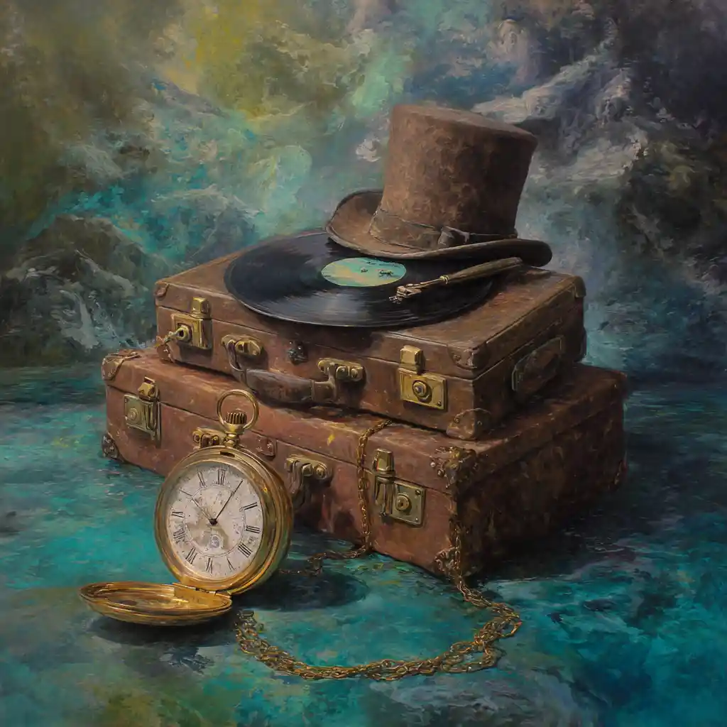 Surreales Stillleben mit Vintage-Koffer und Taschenuhr