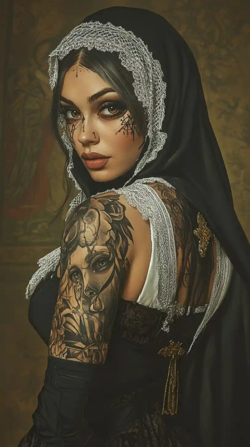 Tattooed woman in modern nun habit with defiant gaze